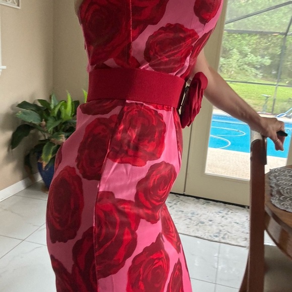 Strapless Red Rose Print Dress with Belt - Picture 6 of 10